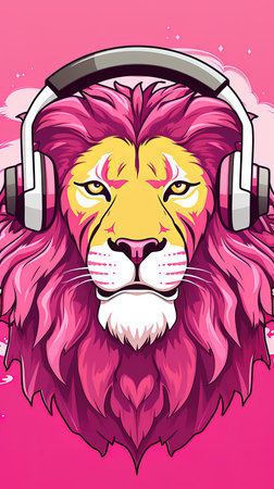 Lion Head with Headphones. Vector Illustration for your designの素材