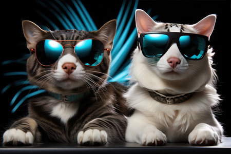 Two cats in sunglasses on a black background with blue lights and bokehの素材