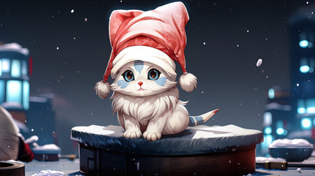 Cute cartoon cat in Santa Claus hat sitting on a snowdriftの素材