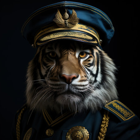 Portrait of a tiger in a police uniform on a black background.の素材