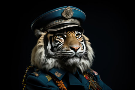 Portrait of a tiger in a military uniform on a black backgroundの素材
