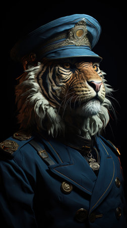 Portrait of a tiger in a police uniform on a black background.の素材