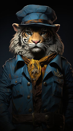 Portrait of a tiger dressed as a police officer. Studio shot.の素材