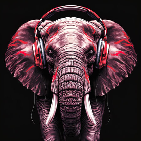 Elephant with headphones listening to music on a black background. 3d illustrationの素材