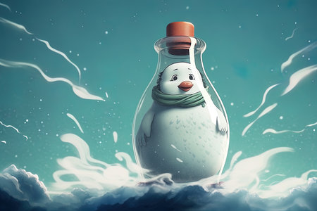 Snowman in a glass bottle. 3d rendering toned imageの素材