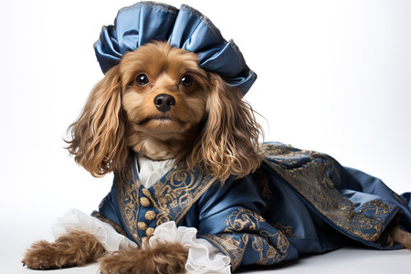 Cavalier King Charles Spaniel dressed as a medieval king.の素材
