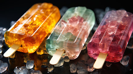 Frozen popsicles on a black background. Selective focus.の素材