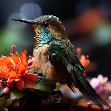 Beautiful hummingbird sitting on a flower in a vase.の素材