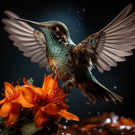 Hummingbird with orange flowers on black background. Collage.の素材