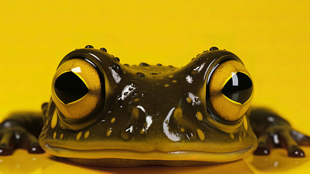 Frog on a yellow background. 3D illustration. Close-up.の素材