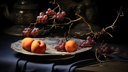 Still life with fruits on a dark background. Still life with fruit.の素材