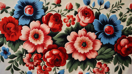 Vintage floral fabric texture background. Colorful floral pattern on fabricの素材