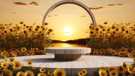 3d render of a round podium with sunflowers at sunsetの素材