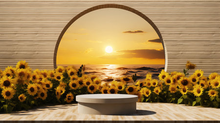 3d render of sunflowers and round podium on wooden backgroundの素材