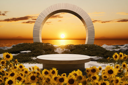 3d render of podium on the beach with sunflowers at sunsetの素材
