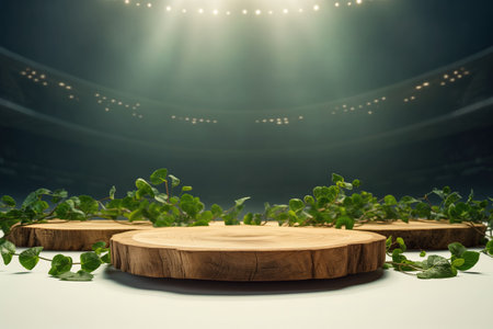 Wooden podium with green leaves on the stage. 3d renderingの素材