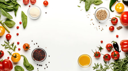 Frame made of fresh vegetables and spices on white background, top viewの素材