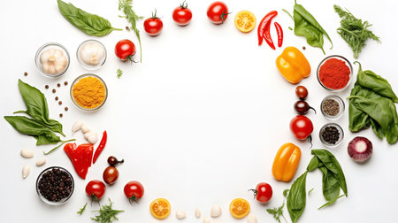 Frame made of fresh vegetables and spices on white background, top viewの素材