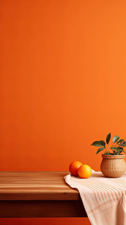 fruits in vase on wooden table and orange background with copy spaceの素材