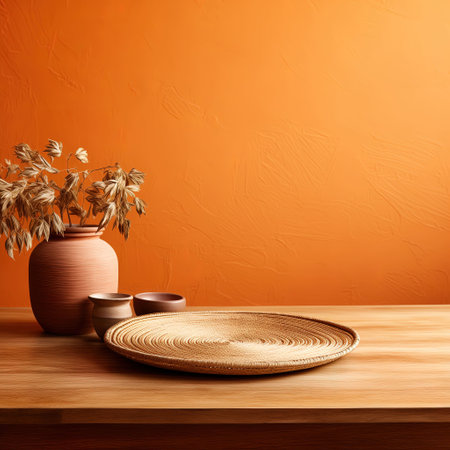Wooden table with ceramic vase and decorative plant on orange wallの素材