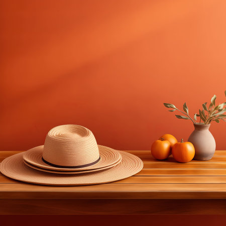 Straw hat and tangerines on a wooden table. Orange background.の素材
