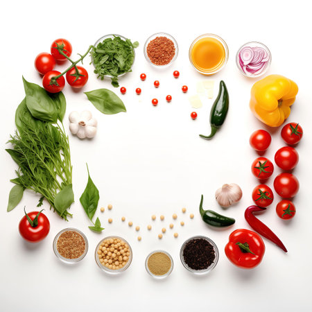 Composition with fresh vegetables and spices on white background, top viewの素材