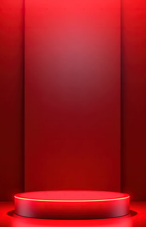 Red podium on red background. Abstract minimal scene. 3d renderの素材