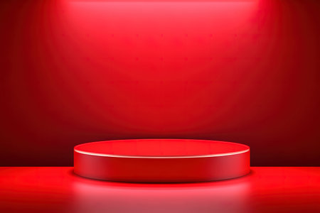 Red round podium on red background.の素材