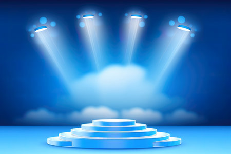 Stage podium with lighting, Stage Podium Scene with for Award Ceremony on blue Background, Vector illustrationの素材