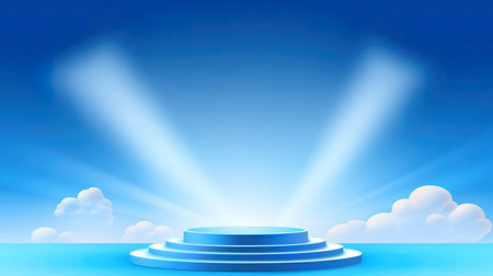 Blue podium on blue sky background with white clouds. Vector illustration.の素材
