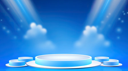 Stage podium with lighting, Stage Podium Scene with for Award Ceremony on blue Background. Vector illustrationの素材