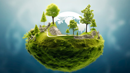 Ecology concept. Earth planet with trees. 3d illustration.の素材