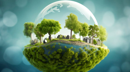 Ecology concept. Earth globe with houses and trees.の素材