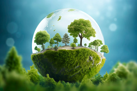 Ecology concept with green planet and tree inside.の素材