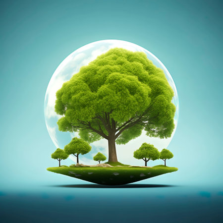 Green tree in a sphere of the planet. 3D illustration.の素材