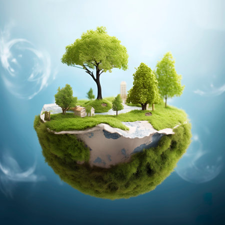 Ecology concept with green planet and trees on blue background. 3d renderingの素材