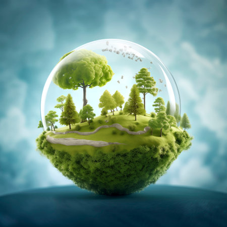 Ecology concept with green planet and trees inside a crystal ball.の素材