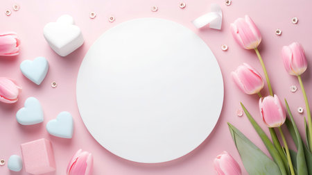 Flat lay composition with pink tulips and hearts on pink backgroundの素材