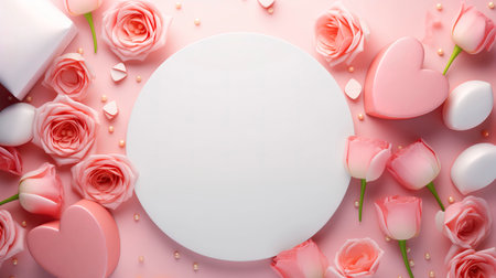Valentine's Day background with pink roses, hearts and blank cardの素材
