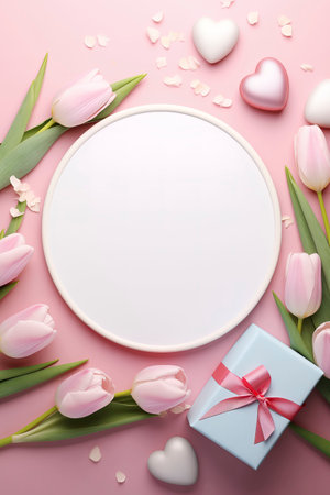 Valentine's day background with pink tulips, gift box and hearts. Top view with copy spaceの素材