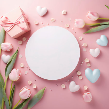 Valentines day greeting card mockup with tulips, gift box and hearts on pink background. Top view, flat layの素材