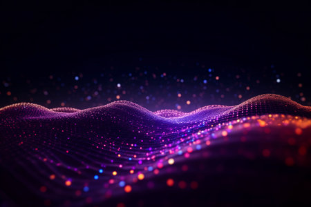Abstract digital wave with particles. Futuristic wave with depth of field and bokeh.の素材