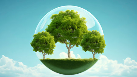 Green tree inside bubble on blue sky background. Ecology concept. 3D renderingの素材