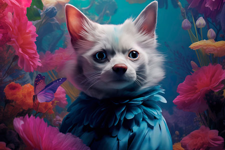 White cat with blue eyes in a blue dress on a background of flowersの素材