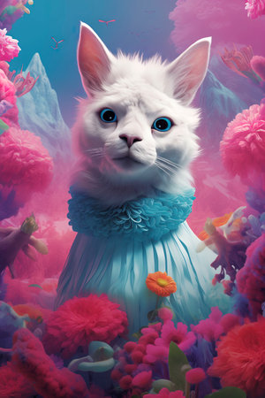 Cat looking like llama with blue eyes in a blue dress among flowers.の素材