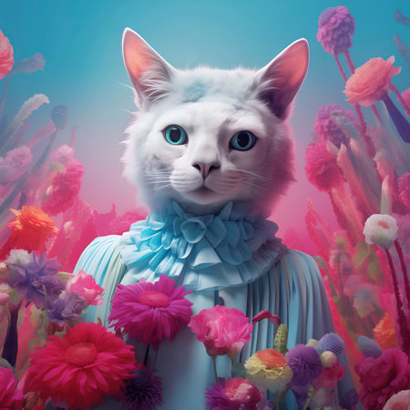 White cat in a blue dress with flowers on a blue background.の素材