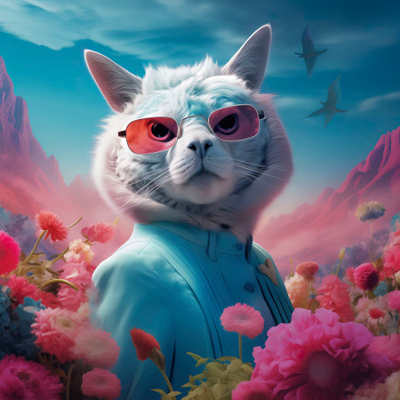 Funny cat in sunglasses and blue shirt with pink flower background.の素材