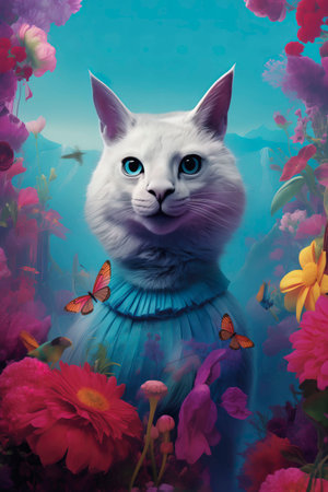 White cat in a blue dress on a background of flowers and butterfliesの素材