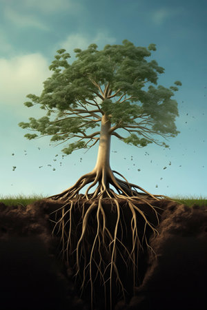 Tree with roots in the ground. 3D render. Conceptual image.の素材