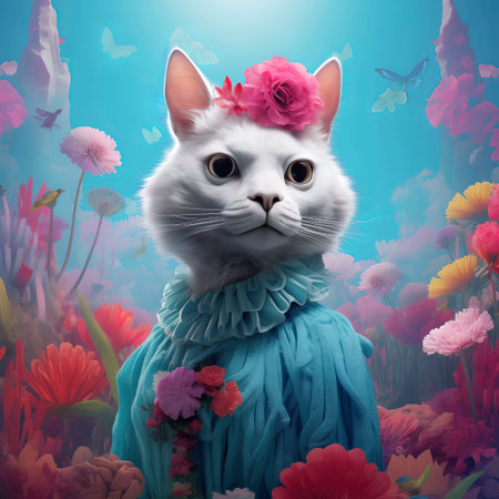 Fantasy portrait of a cat in a wreath of flowers.の素材